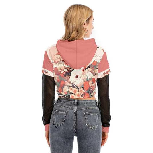 All-Over Print Women's Fake Two-piece Mesh Sleeve Cropped Hoodie